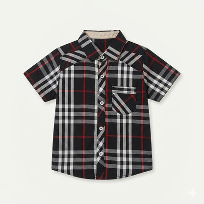 Kids' Short Sleeve Plaid Button-Down Shirt - Black & Red Check
