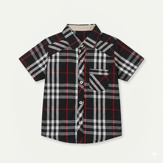 Kids' Short Sleeve Plaid Button-Down Shirt - Black & Red Check