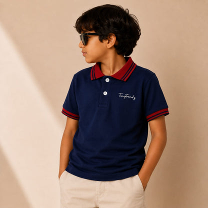 TinyTrendz Navy Crimson Contrast Polo Tee