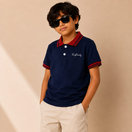 TinyTrendz Navy Crimson Contrast Polo Tee