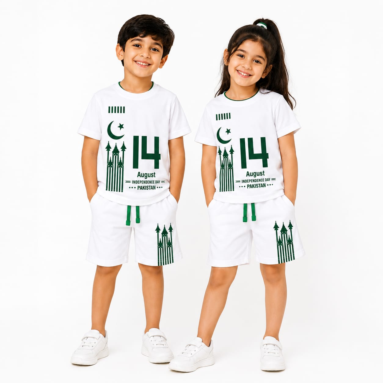 Limited Edition 14th August Independence Day Kids Co-Ord Set – Premium Cotton | White & Green
