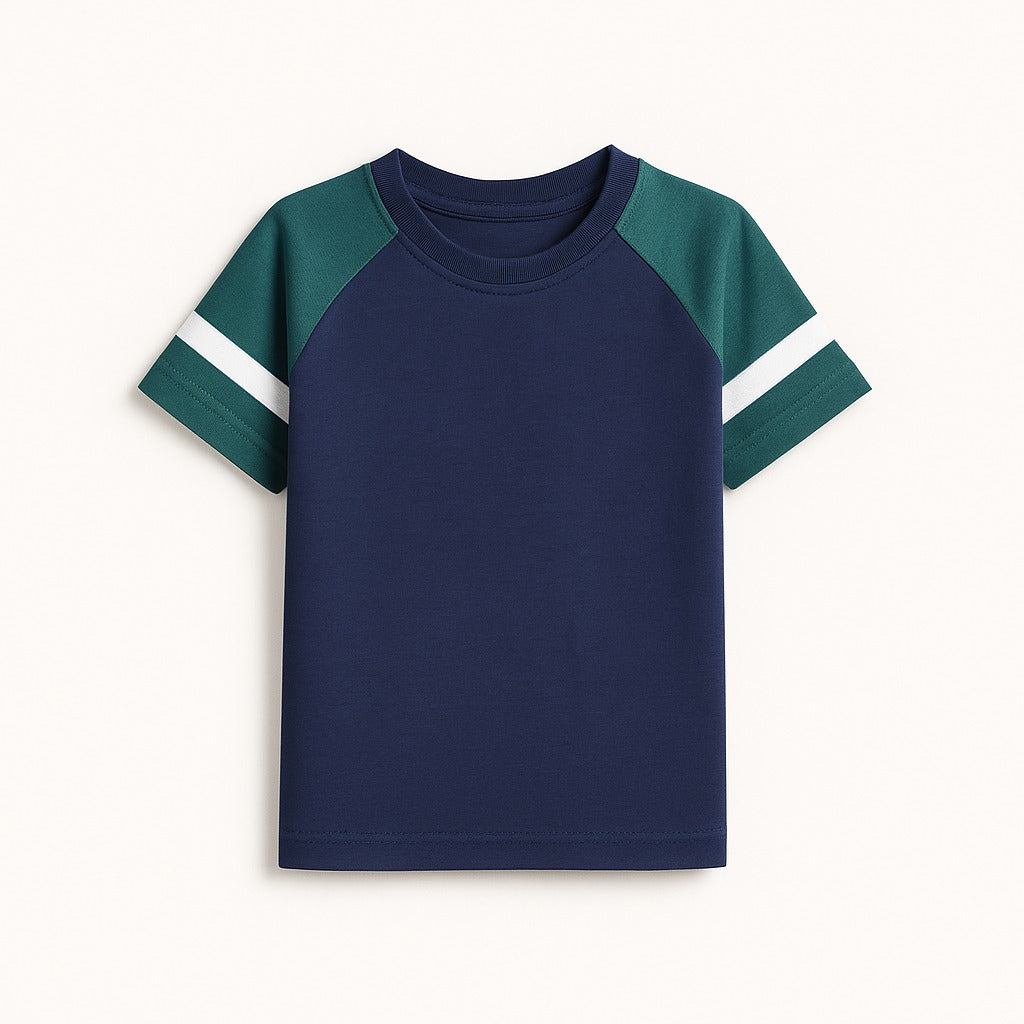 Kids' Raglan Sleeve Varsity T-Shirt - Navy & Forest Green Sporty Tee