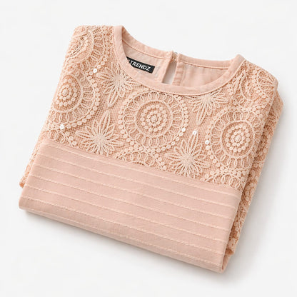 Peachy Lace Elegance Girls Dress – Premium Embroidered Party Wear