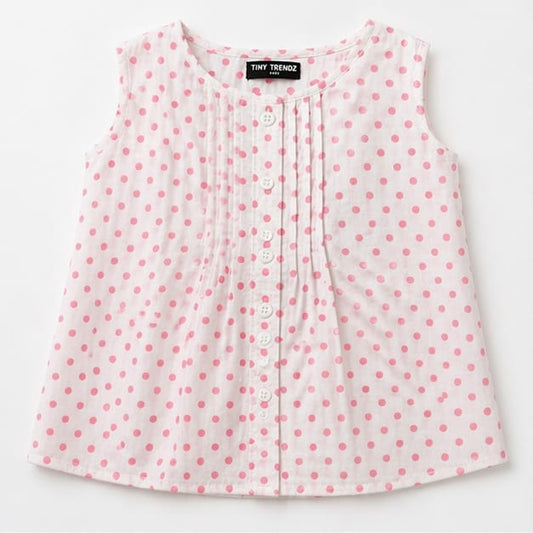 Pink Polka Charm Sleeveless Girls Top – Soft Cotton Summer Wear
