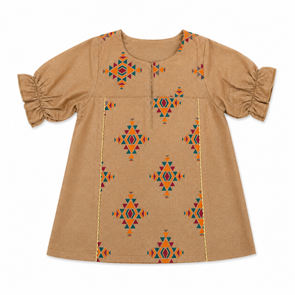 Shimmery Geometric Print Girls Dress – Camel Brown