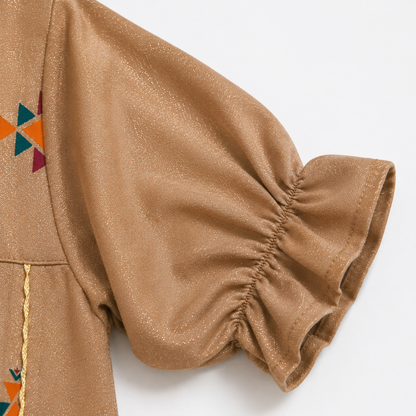 Shimmery Geometric Print Girls Dress – Camel Brown