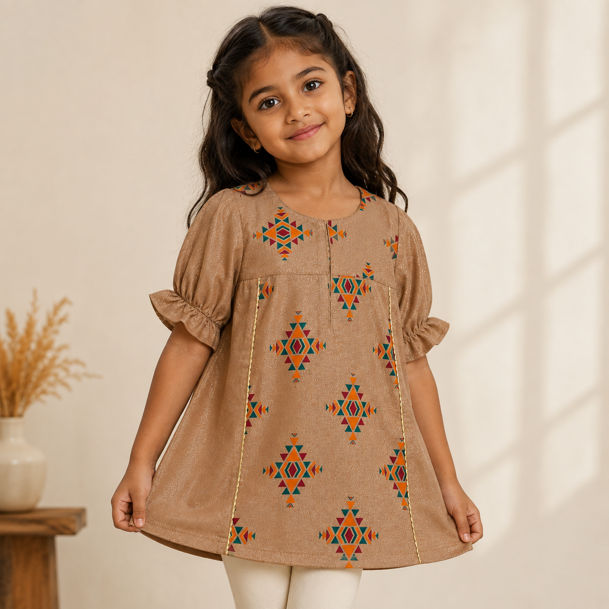 Shimmery Geometric Print Girls Dress – Camel Brown