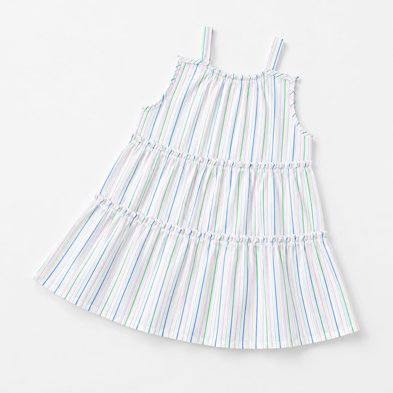 Pastel Rainbow Stripe Tiered Girls Dress | Sleeveless Cotton Summer Dress for Kids