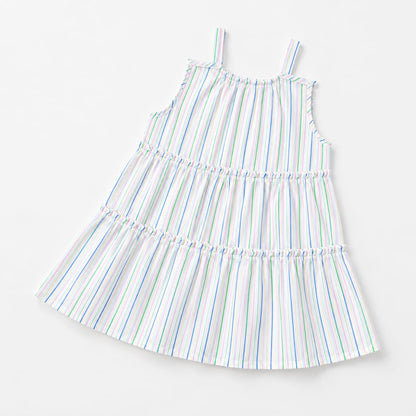 Pastel Rainbow Stripe Tiered Girls Dress | Sleeveless Cotton Summer Dress for Kids