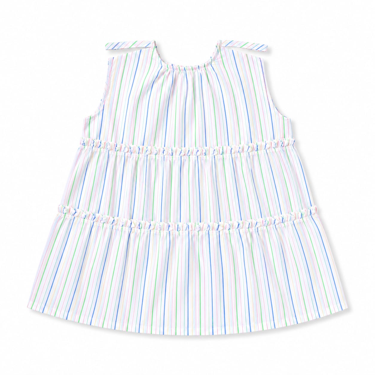 Pastel Rainbow Stripe Tiered Girls Dress | Sleeveless Cotton Summer Dress for Kids