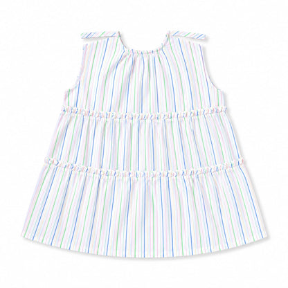 Pastel Rainbow Stripe Tiered Girls Dress | Sleeveless Cotton Summer Dress for Kids