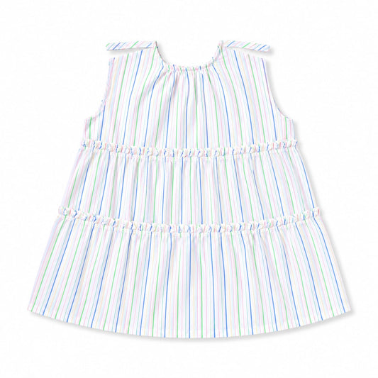 Pastel Rainbow Stripe Tiered Girls Dress | Sleeveless Cotton Summer Dress for Kids