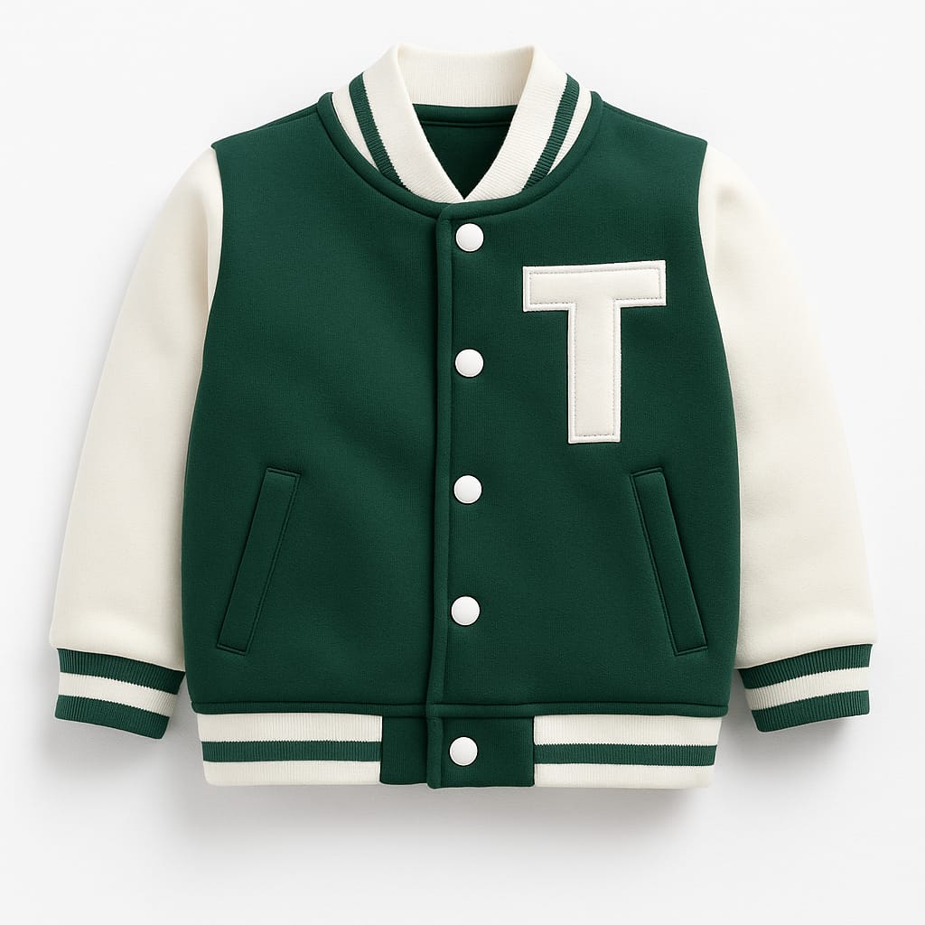 TinyTrendz Kids Green & White Varsity Jacket
