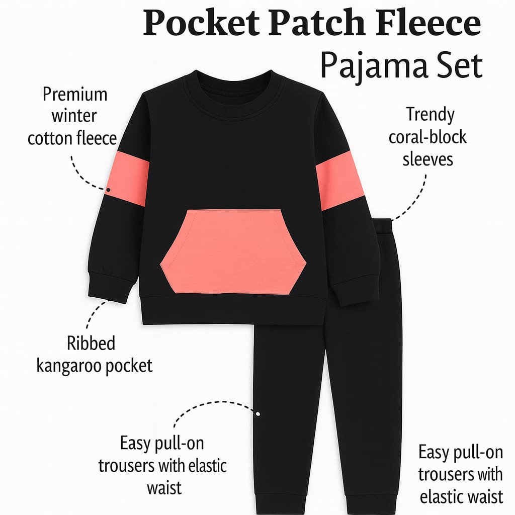 Black & Coral Pocket Patch Fleece Pajama Set