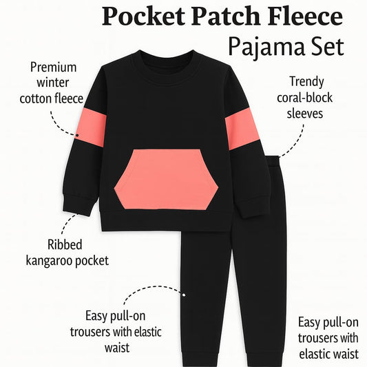 Black & Coral Pocket Patch Fleece Pajama Set