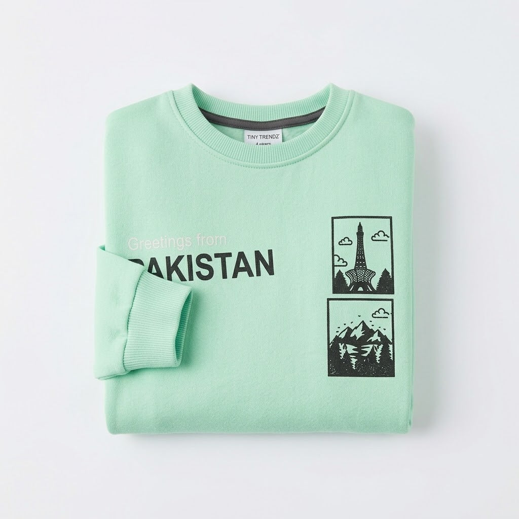 Kids Mint Green "Greetings from Pakistan" Graphic Sweatshirt