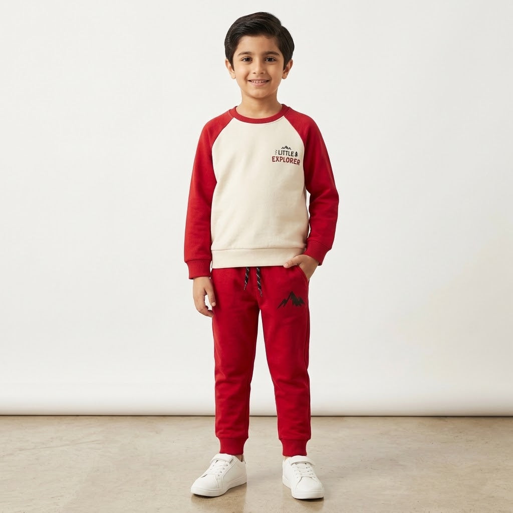Little Explorer Kids' Red & Cream Fleece Co-ord Tracksuit Set
