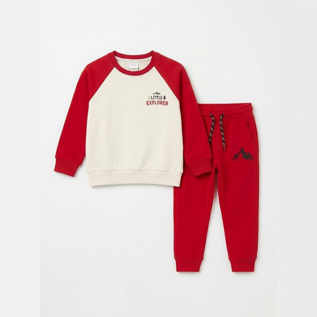 Little Explorer Kids' Red & Cream Fleece Co-ord Tracksuit Set