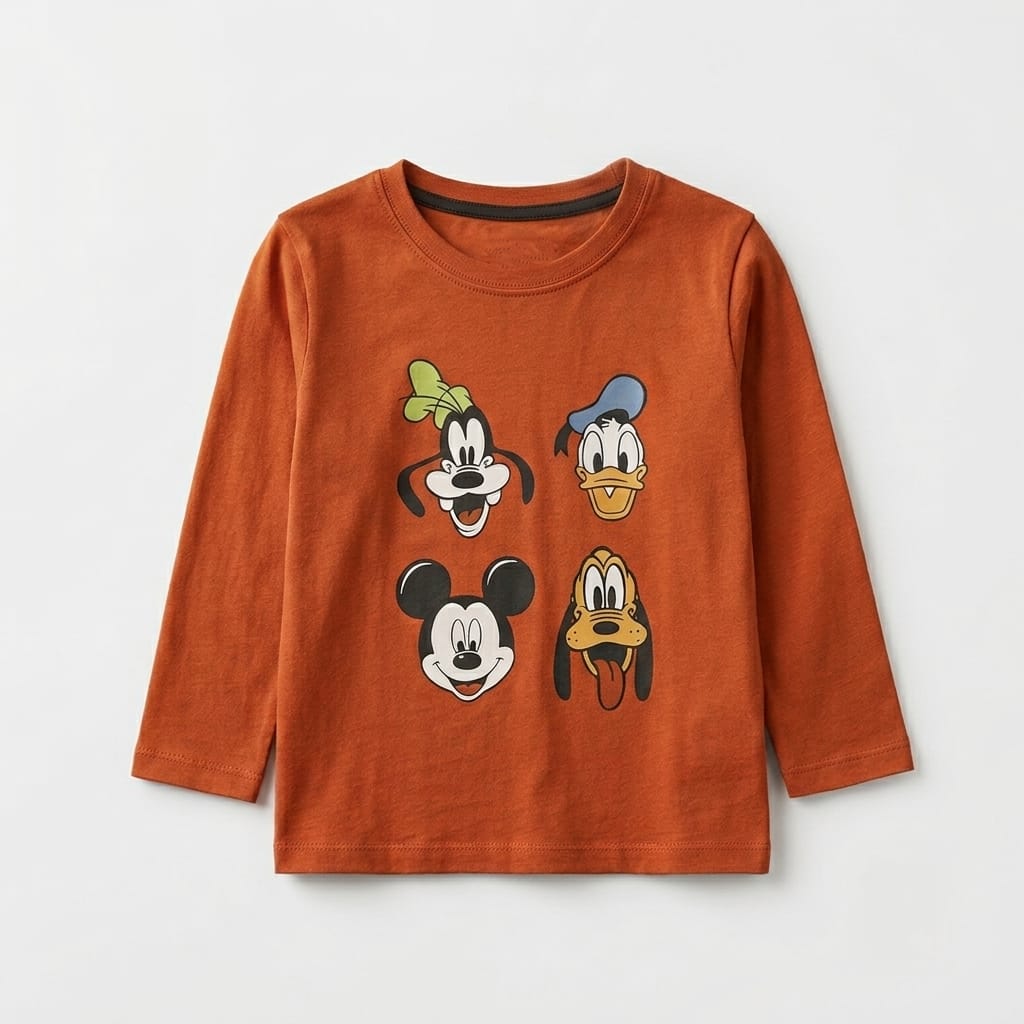 Kids Cartoon Character Full Sleeve T-Shirt – Rust Orange Cotton Tee