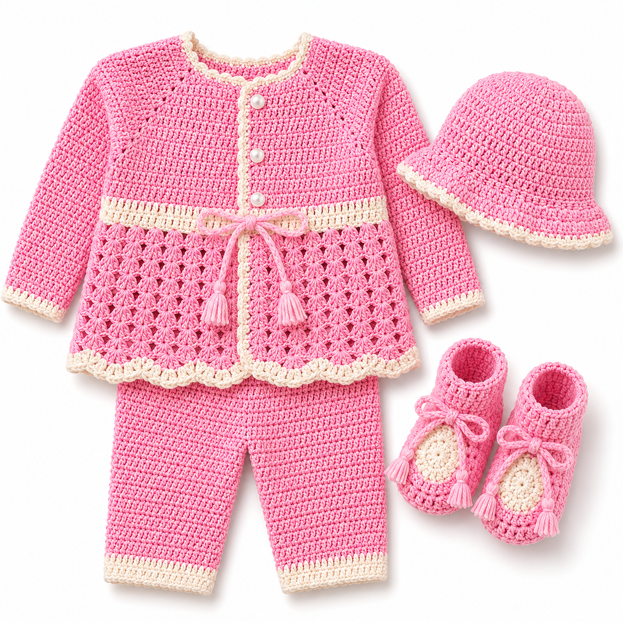 Baby Pink & Cream Hand-Knitted 4-Piece Winter Set (0-6 Months)