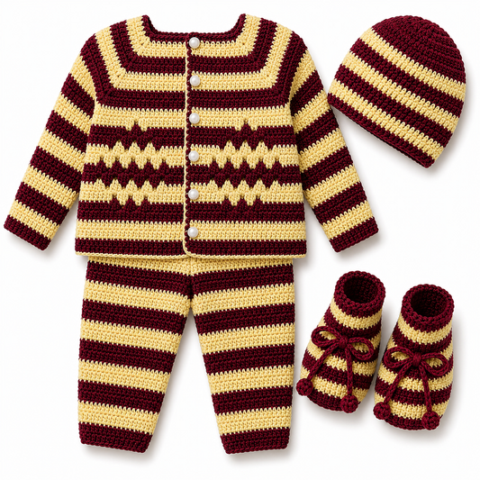 Maroon & Cream Striped Hand-Knitted Baby Winter 4-Piece Set