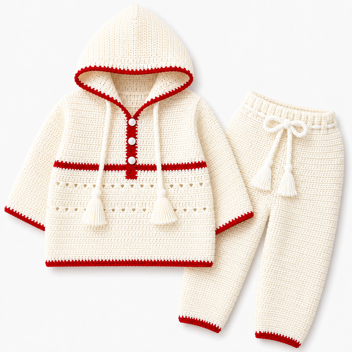 Cream & Red Hand Crochet Hooded 2-Piece Winter Set