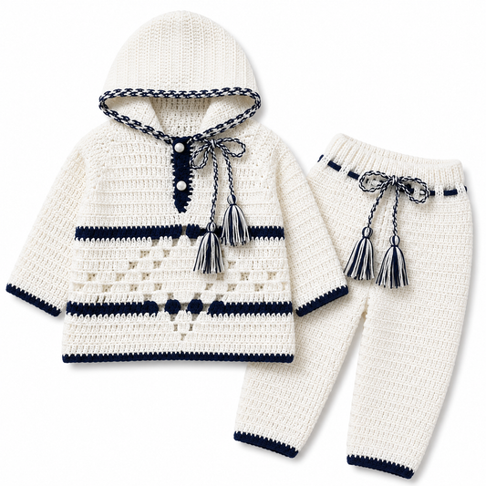 Cream & Navy Blue Hand Crochet Hooded 2 Piece Winter Set (0-6 Months)