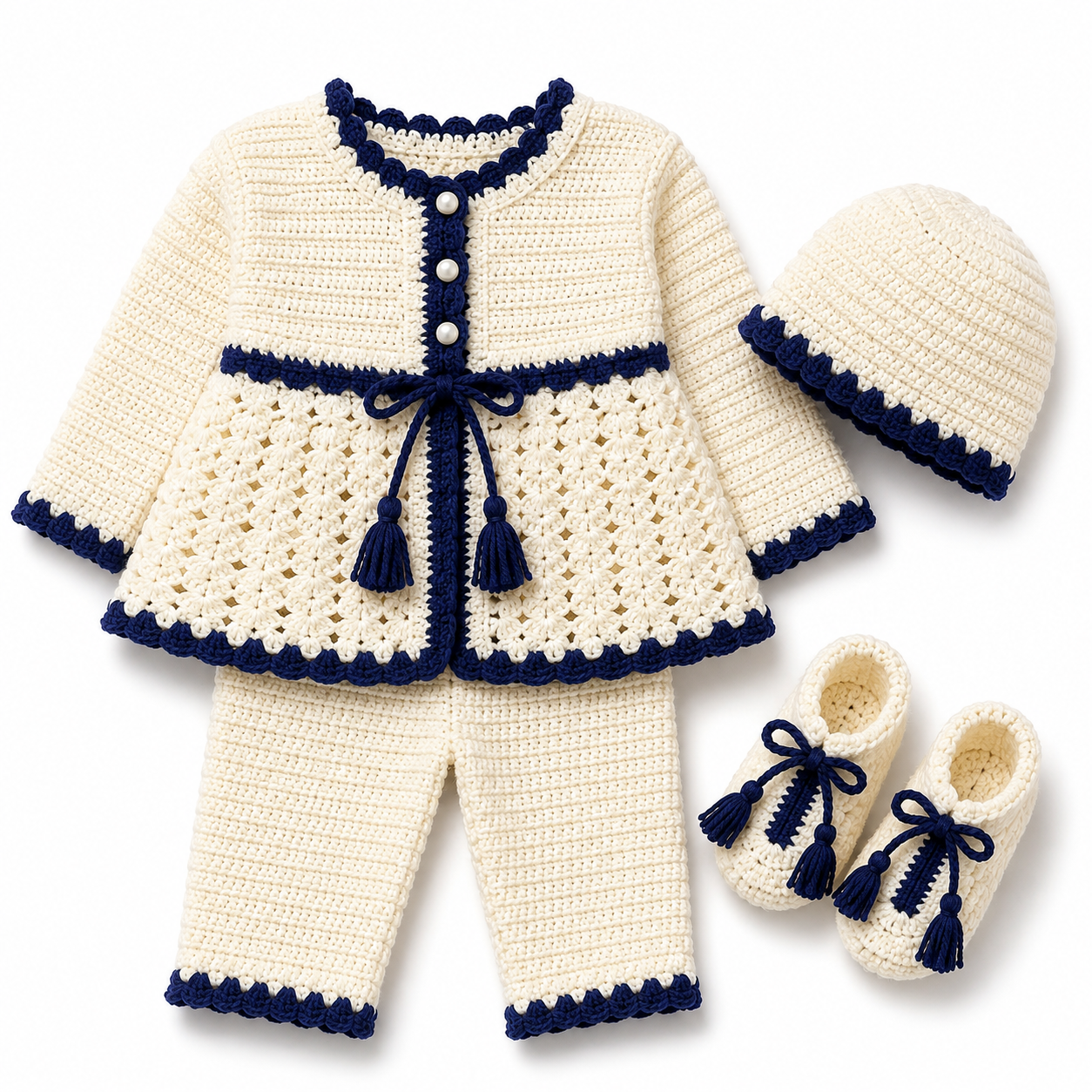 Yellowish White & Navy Blue Hand-Knitted 4-Piece Baby Winter Set (0-6 Months)
