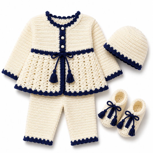 Yellowish White & Navy Blue Hand-Knitted 4-Piece Baby Winter Set (0-6 Months)