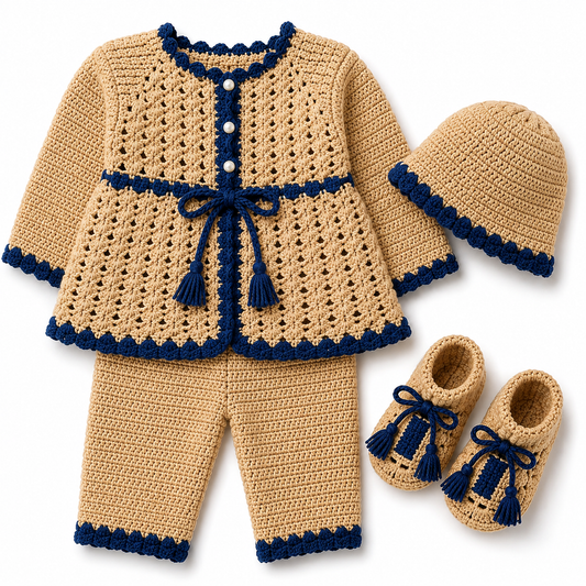 Beige & Navy Hand-Knitted 4-Piece Baby Winter Set (0-6 Months)
