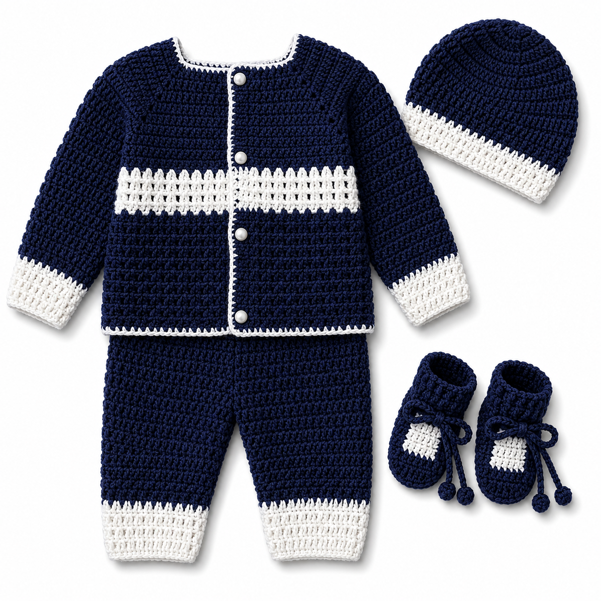 Navy Blue & White Hand-Knitted Baby 4-Piece Winter Set