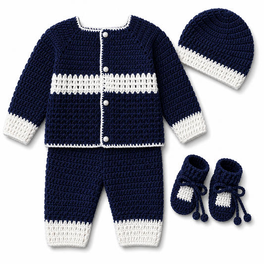 Navy Blue & White Hand-Knitted Baby 4-Piece Winter Set