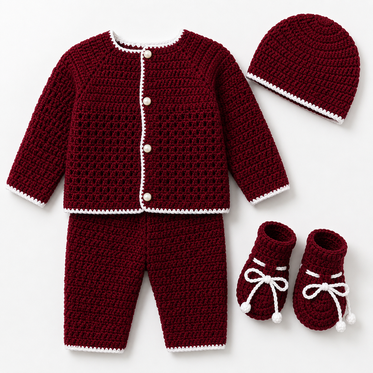 Deep Maroon Hand-Knitted Baby Winter 4-Piece Set