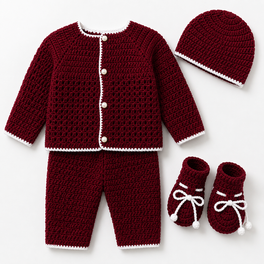 Deep Maroon Hand-Knitted Baby Winter 4-Piece Set