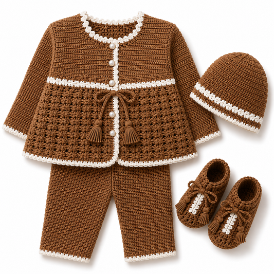 Caramel Brown & White Hand-Knitted 4-Piece Baby Winter Set (0-6 Months)