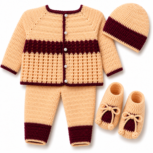 Peach & Maroon Hand-Knitted Baby Winter 4-Piece Set (0-6 Months)