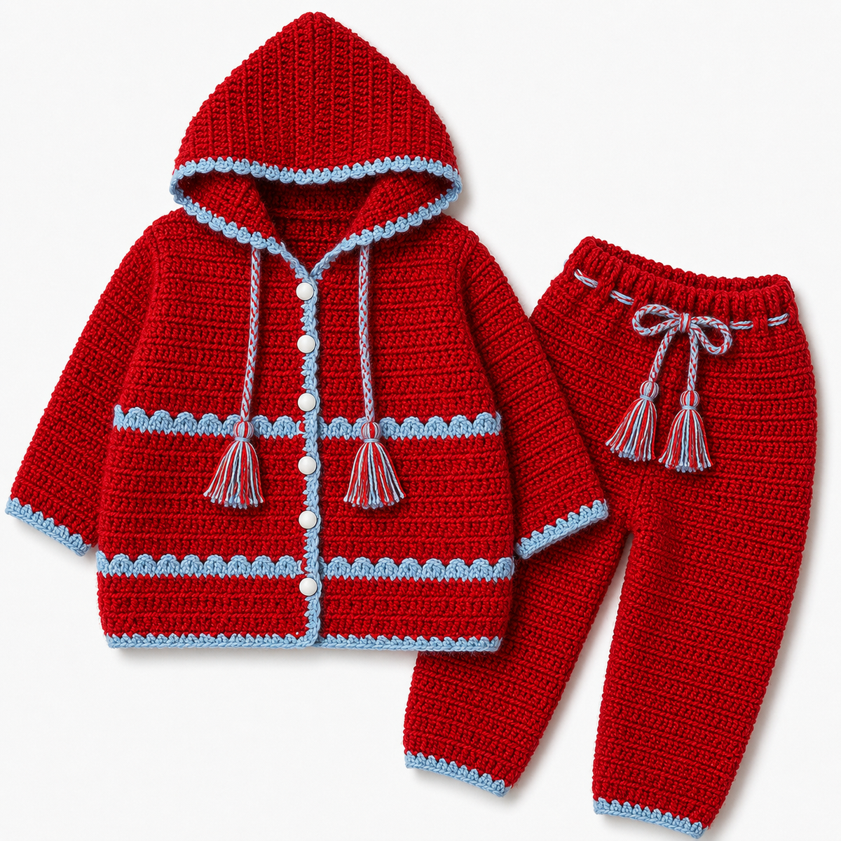 Red and Cyan Hand Crochet Hooded 2-Piece Winter Set (0-6 Months)
