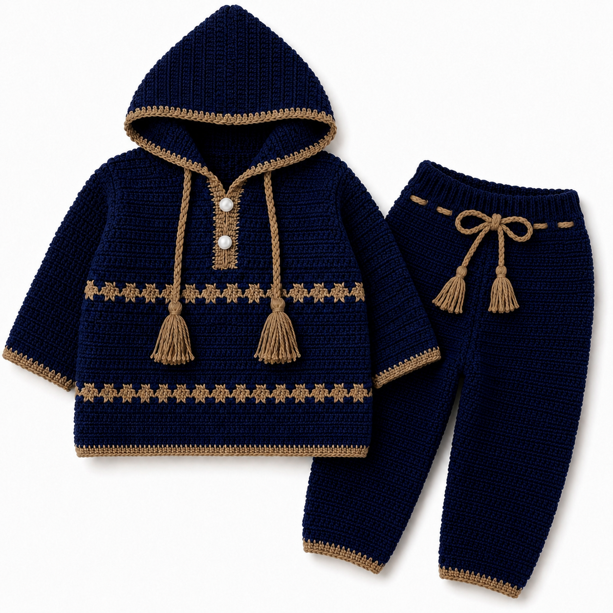 Brown & Navy Hand Crochet Hooded 2 Piece Winter Set (0-6 Months)