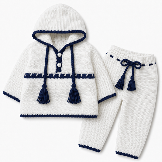 White & Navy Blue Hand Crochet Hooded 2 Piece Winter Set (0-6 Months)