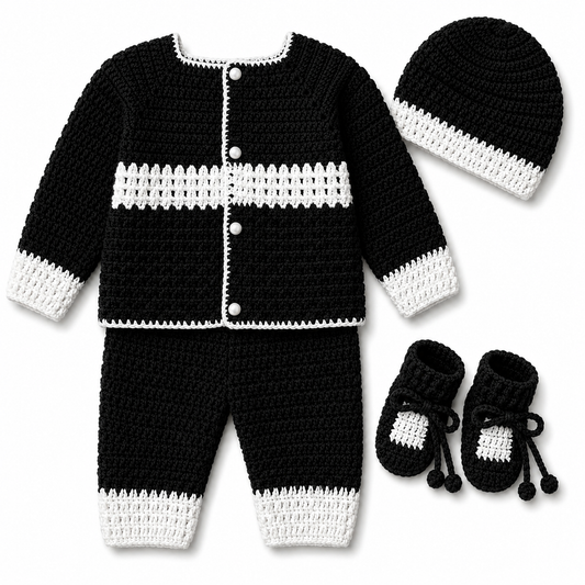 Black & White Hand-Crocheted Baby Winter 4-Piece Set (0-6 Months)