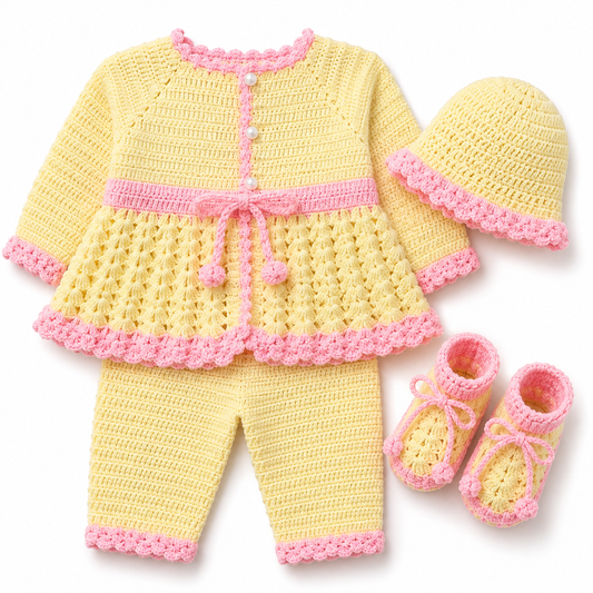 Butter Yellow & Baby Pink Hand-Knitted 4-Piece Baby Winter Set (0-6 Months)
