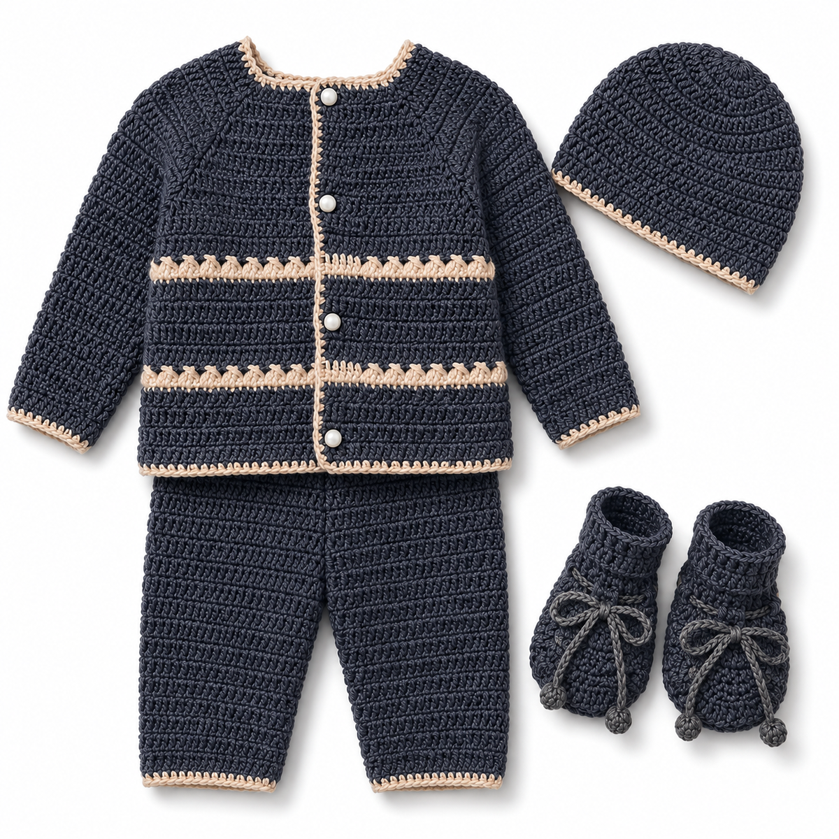 Charcoal Grey Hand-Knitted Baby 4-Piece Winter Set