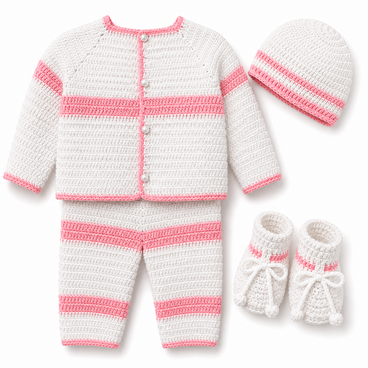 White & Pink Hand-Knitted Baby 4-Piece Winter Set