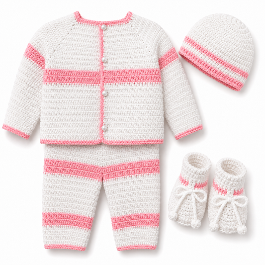 White & Pink Hand-Knitted Baby 4-Piece Winter Set