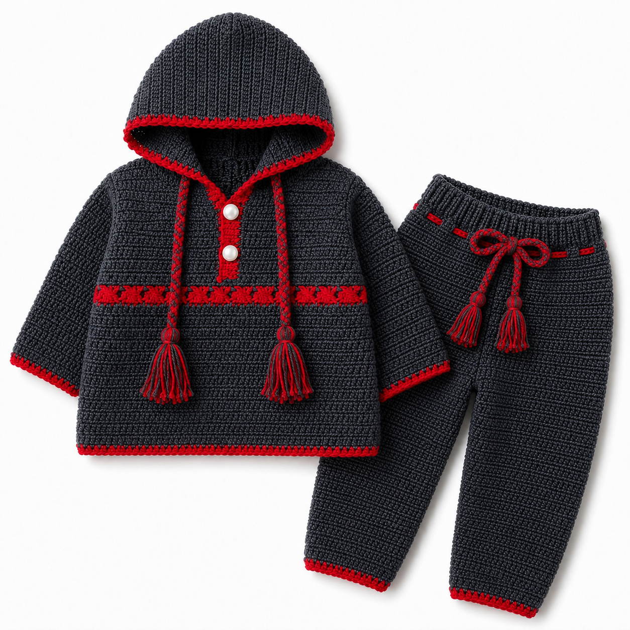 Charcoal Grey Hooded Hand Crochet 2-Piece Winter Set (0-6 Months)