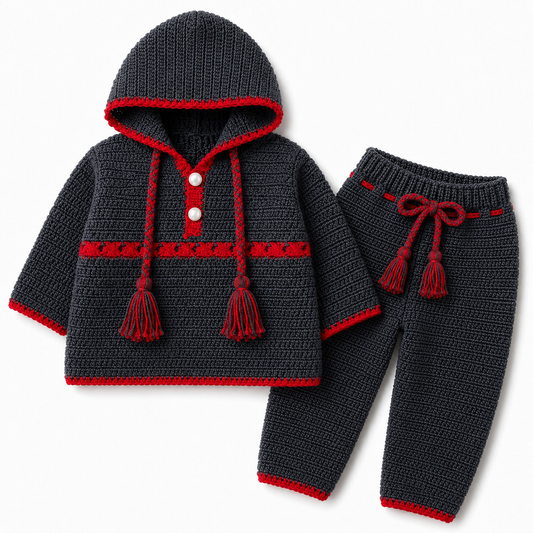 Charcoal Grey Hooded Hand Crochet 2-Piece Winter Set (0-6 Months)