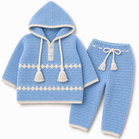 Sky Blue & White Hand Crochet Hooded 2 piece Winter Set (0-6 Months)