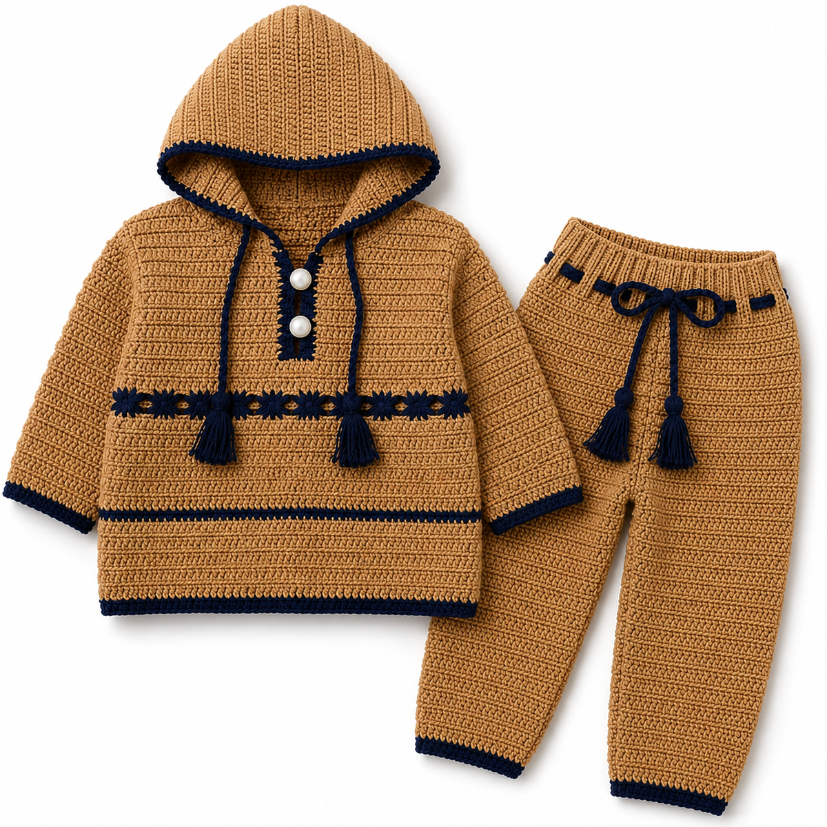 Camel Brown Hooded Hand Knitted 2-Piece Winter Set (0-6 Months)