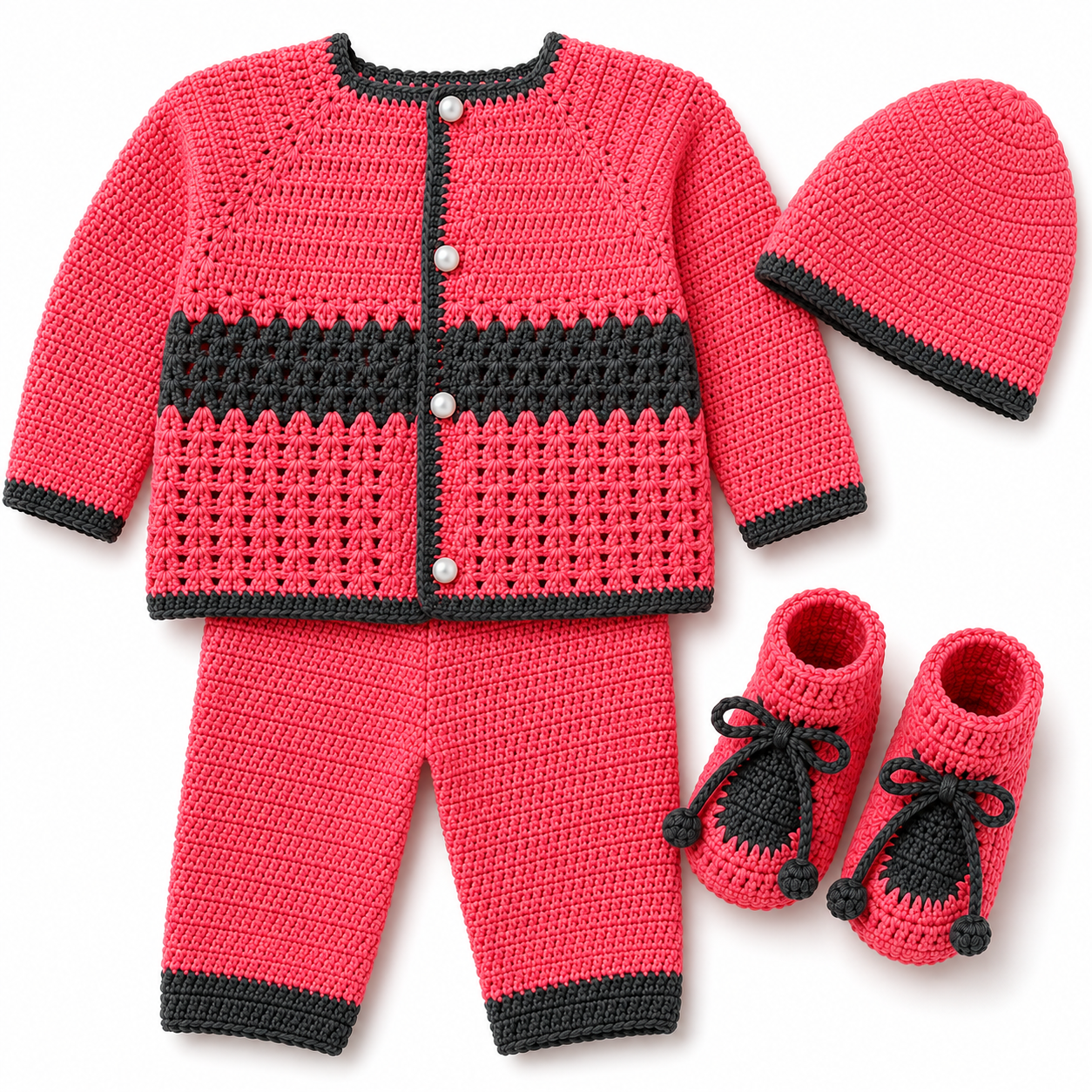 Coral Pink & Charcoal Hand-Crocheted Baby 4-Piece Set (0-6 Months)