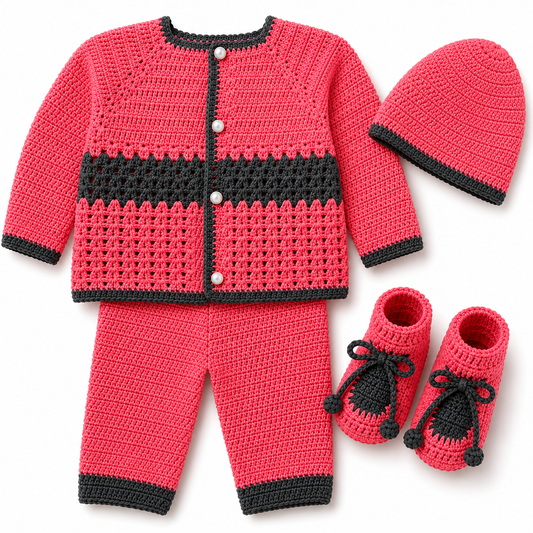 Coral Pink & Charcoal Hand-Crocheted Baby 4-Piece Set (0-6 Months)